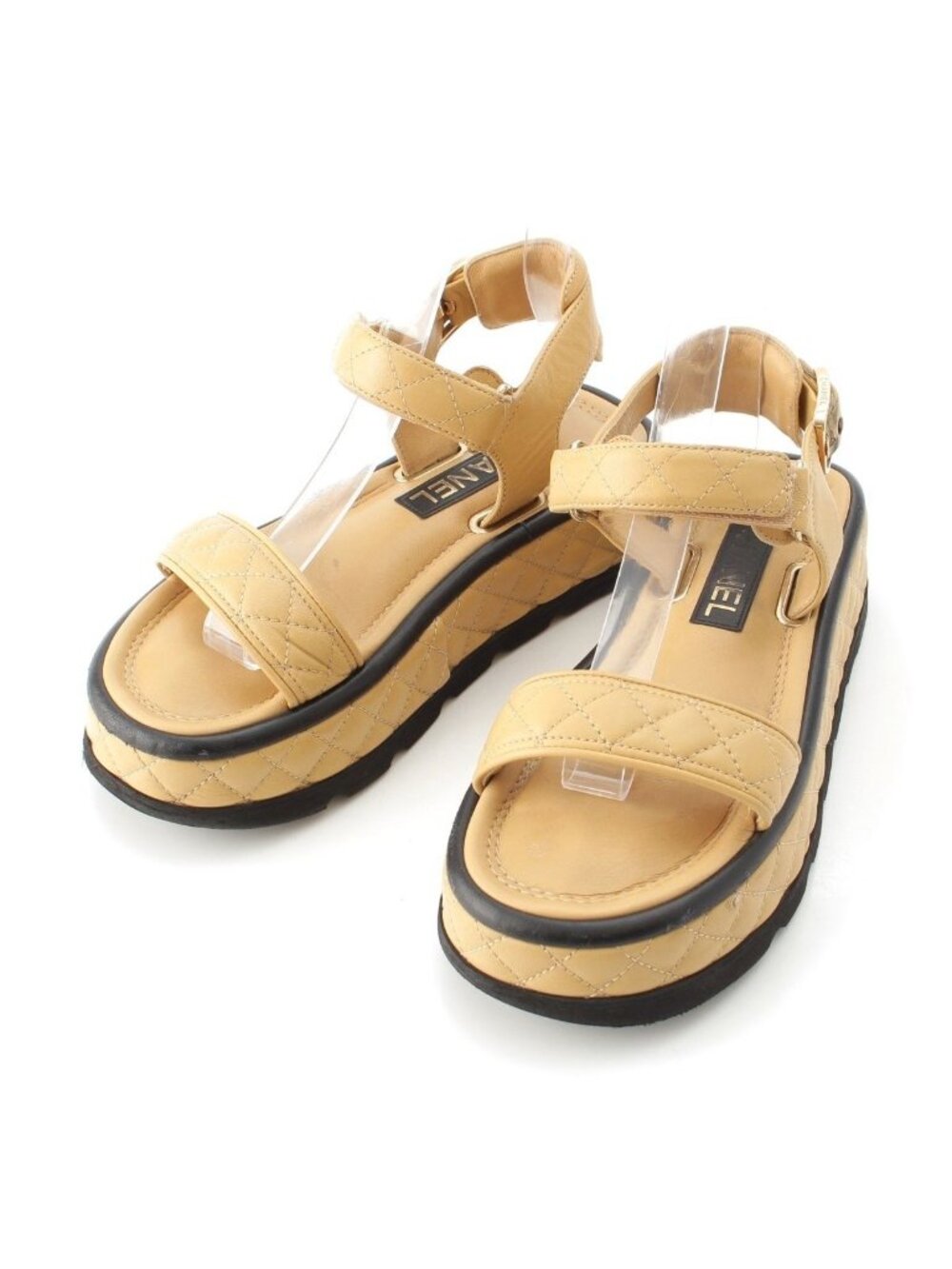 Chanel Quilted Lambskin CC Logo Velcro Strap Sandals Beige 36C